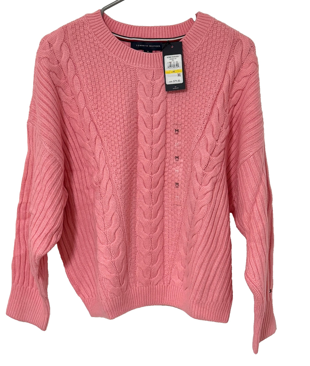 Tommy Hilfiger Women’s Bobbi Cable Knit Sweater Pink Crewneck Size M NWT